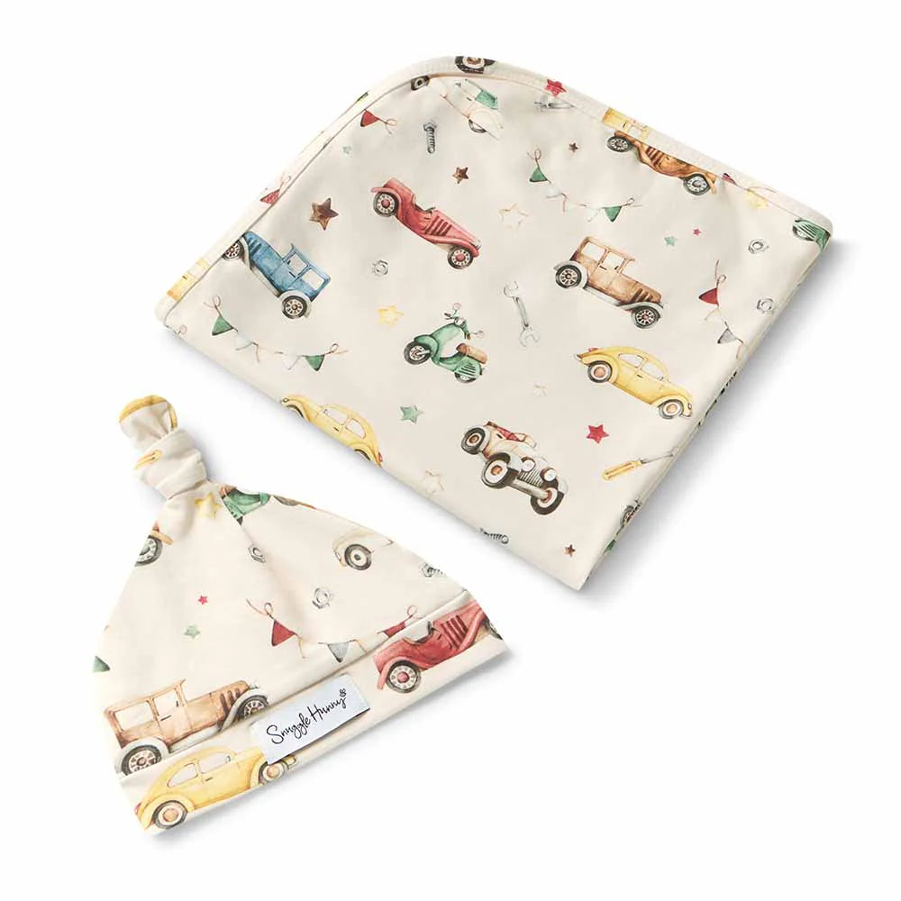 Snuggle Hunny Vintage Cars Organic Jersey Wrap & Beanie Set