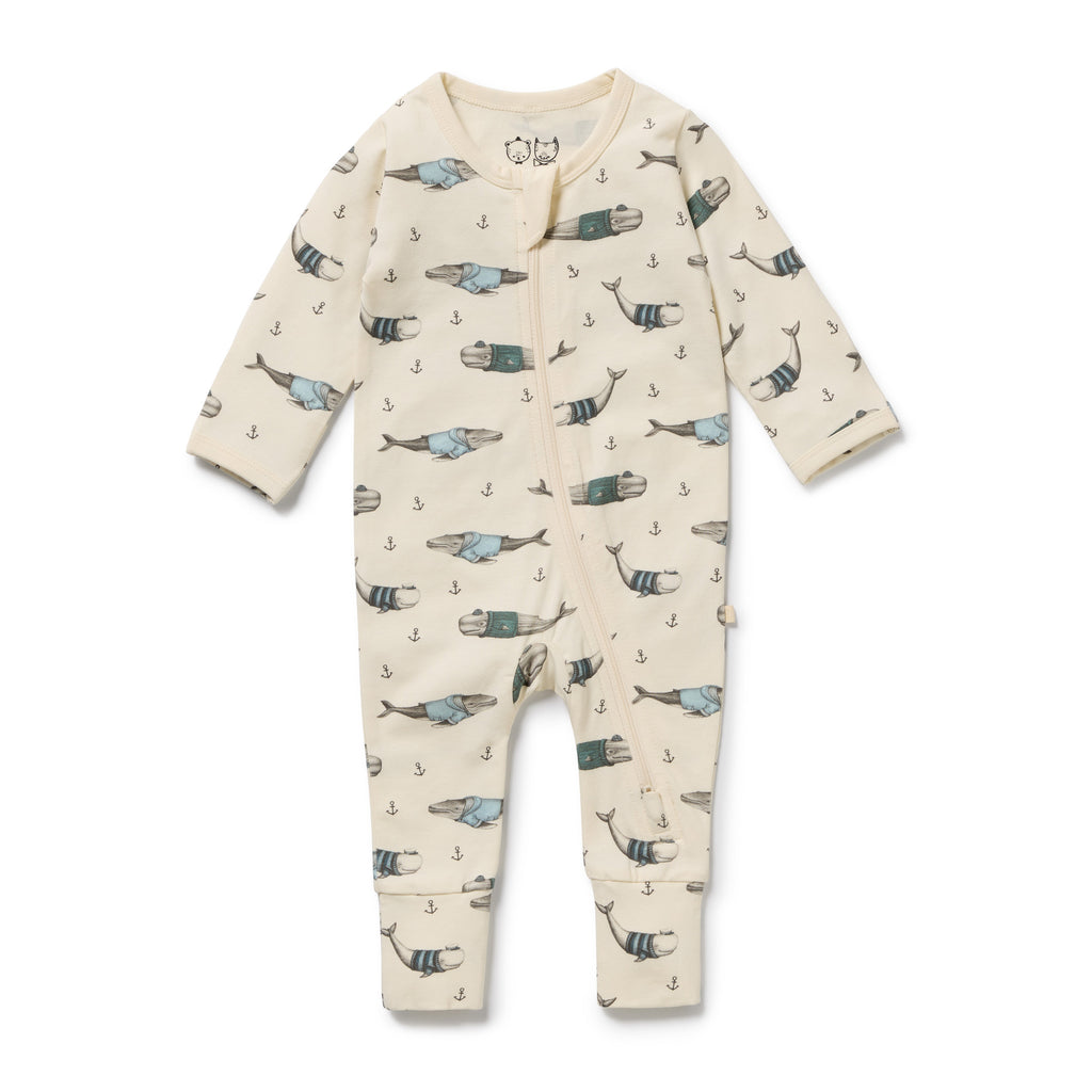 Wilson & Frenchy Woolly Whales Organic Zipsuit with Feet