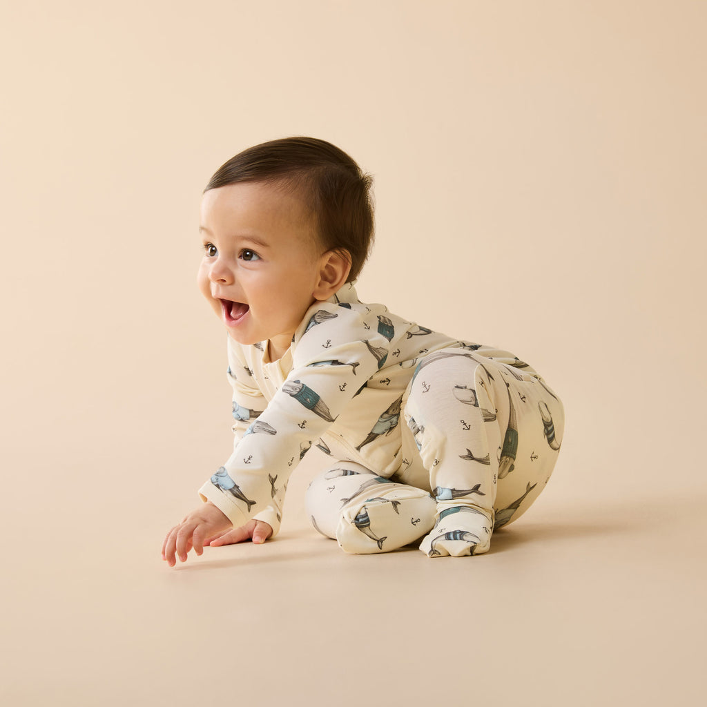 Wilson & Frenchy Woolly Whales Organic Zipsuit with Feet