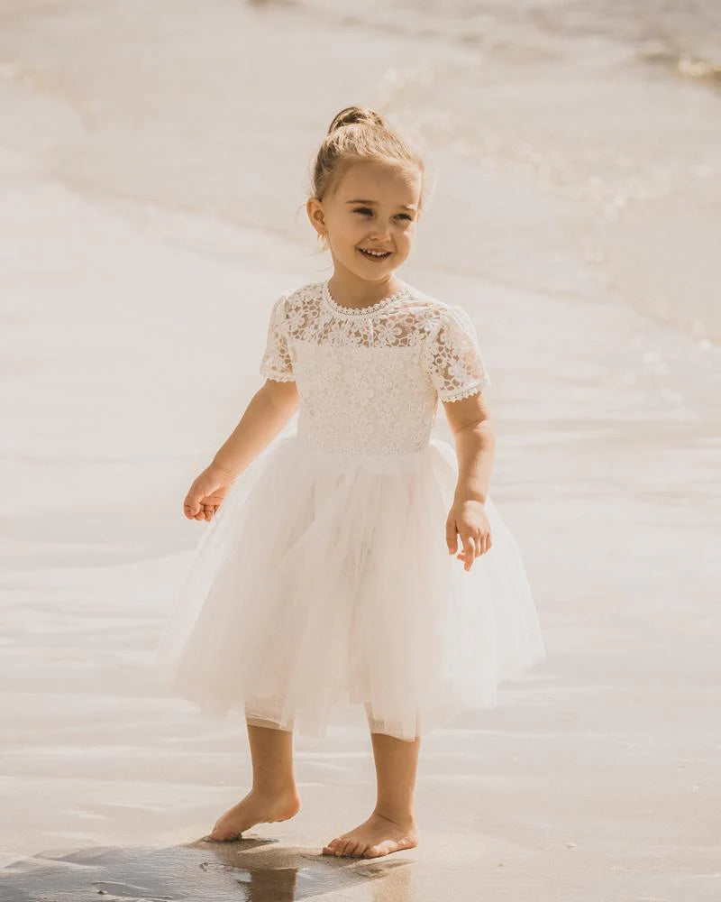 Bebe Lace Bodice w Back Bow Dress Mid Calf