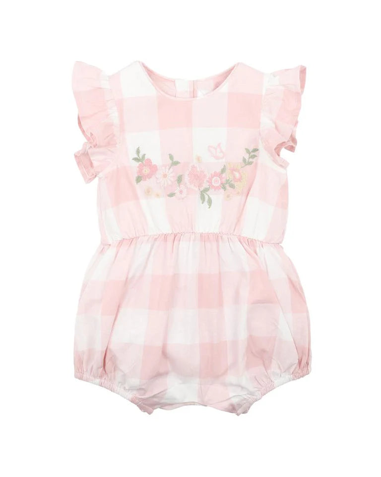 Bebe Lara Embroidered Check Romper