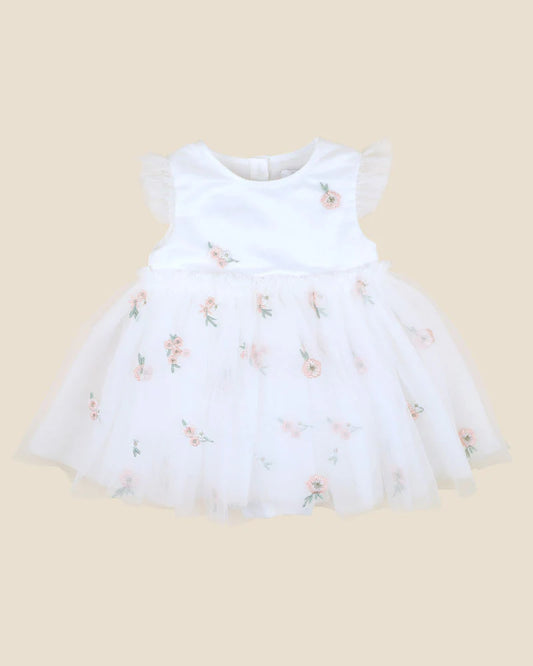 Bebe Ivory Floral Embroidered Tulle Overlay Dress