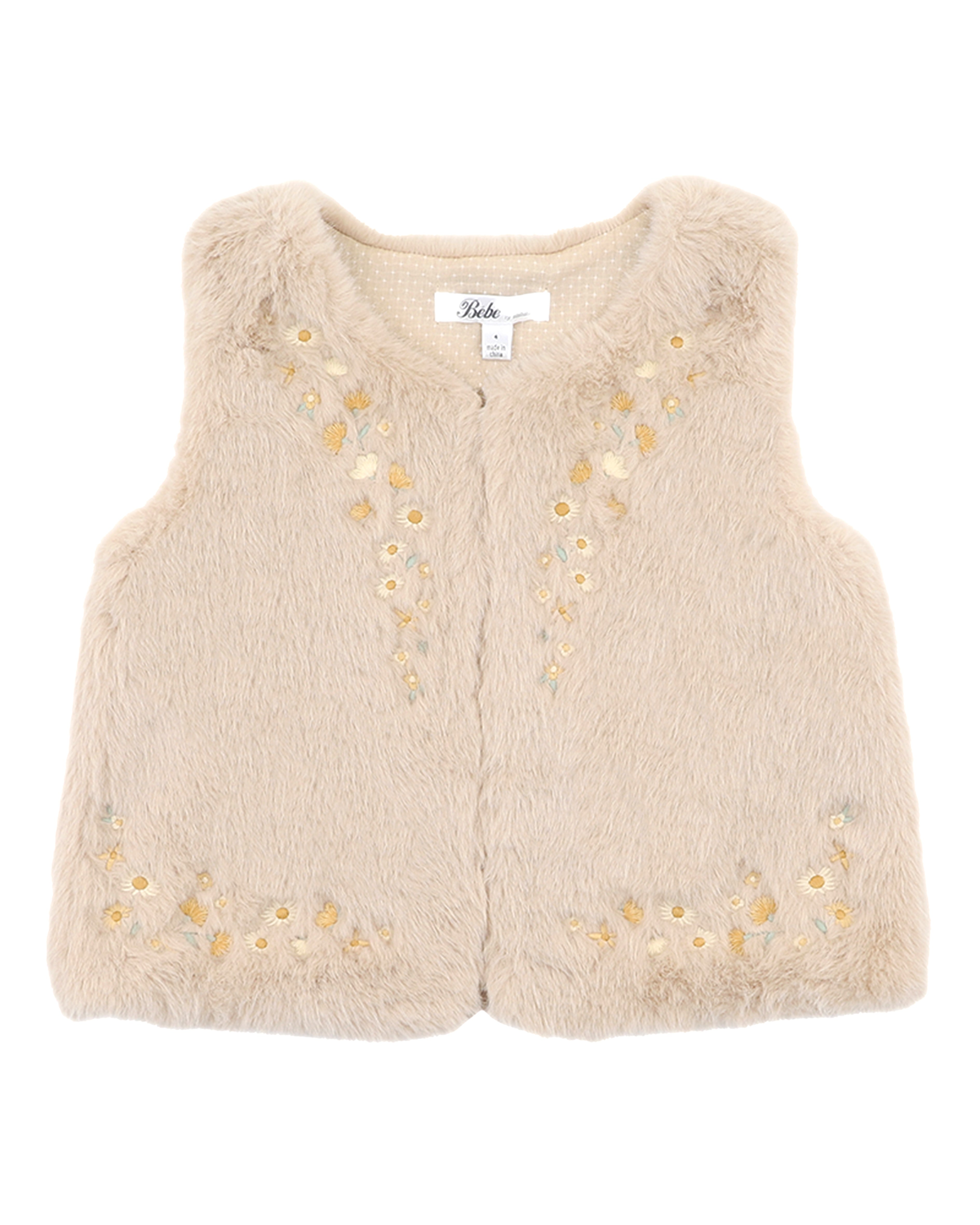 Bebe Winnie Embroidered Faux Fur Vest