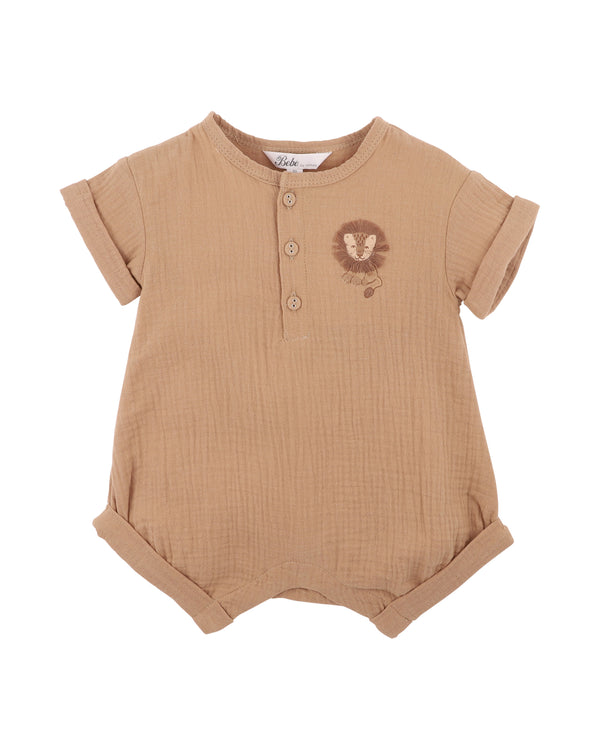 Bebe Sway Textured Embroidered Lion Romper