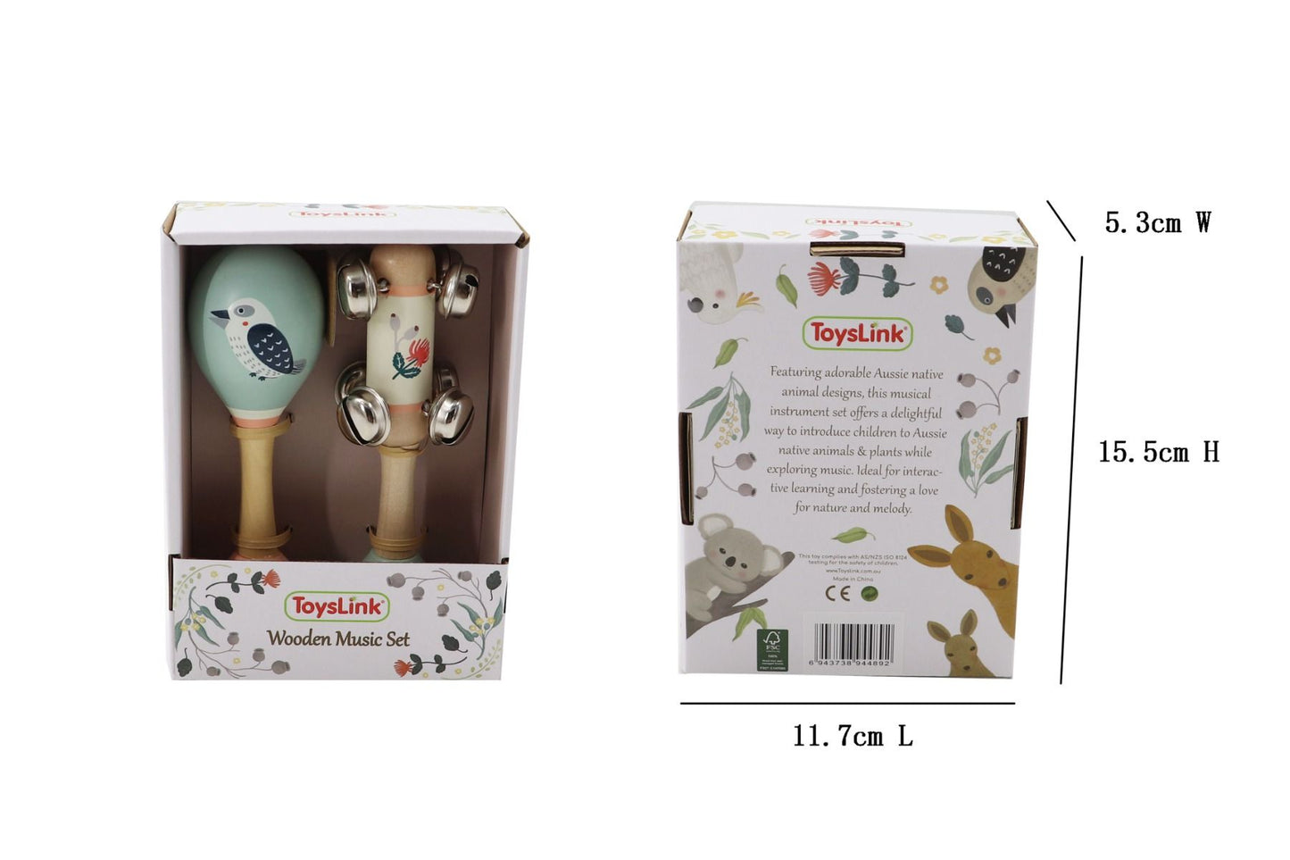 ToysLink Wooden Kookaburra Maracas & Waratah Jingle Stick Musical Set