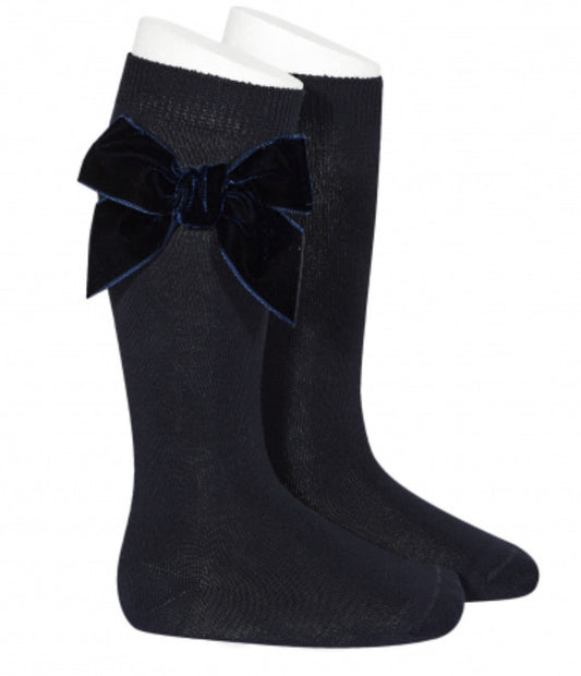 Cóndor- Side Velvet Bow Knee-High Socks Navy Blue
