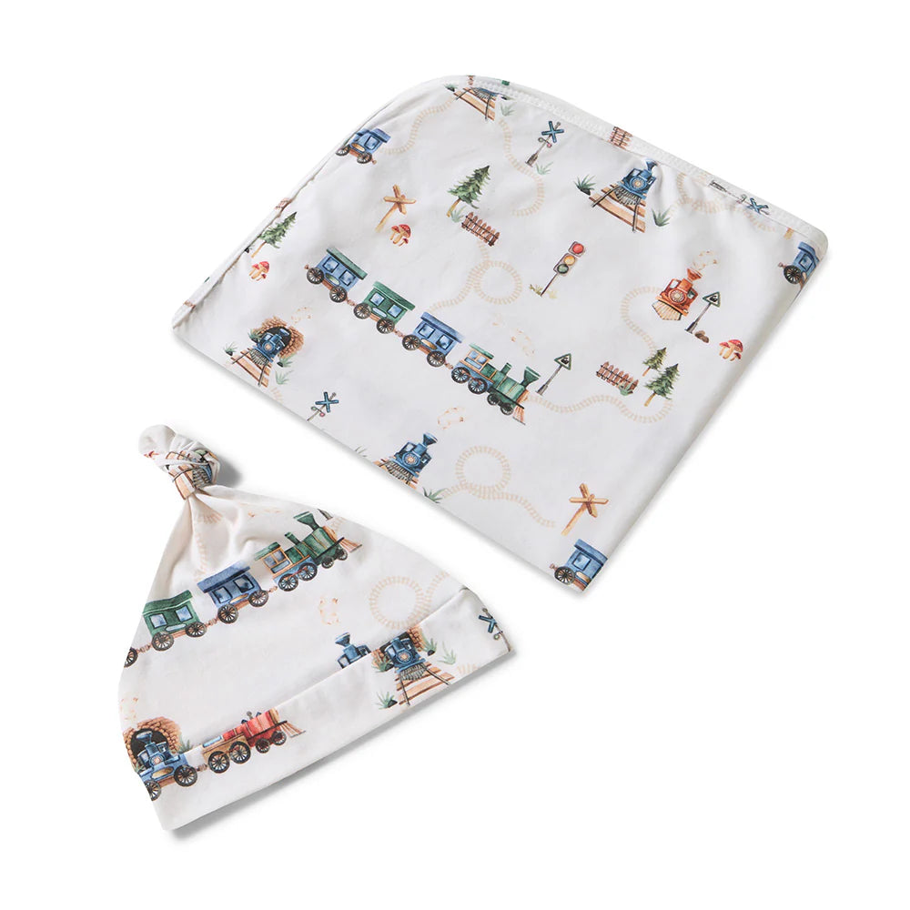 Snuggle Hunny Trains Organic Jersey Wrap & Beanie Set