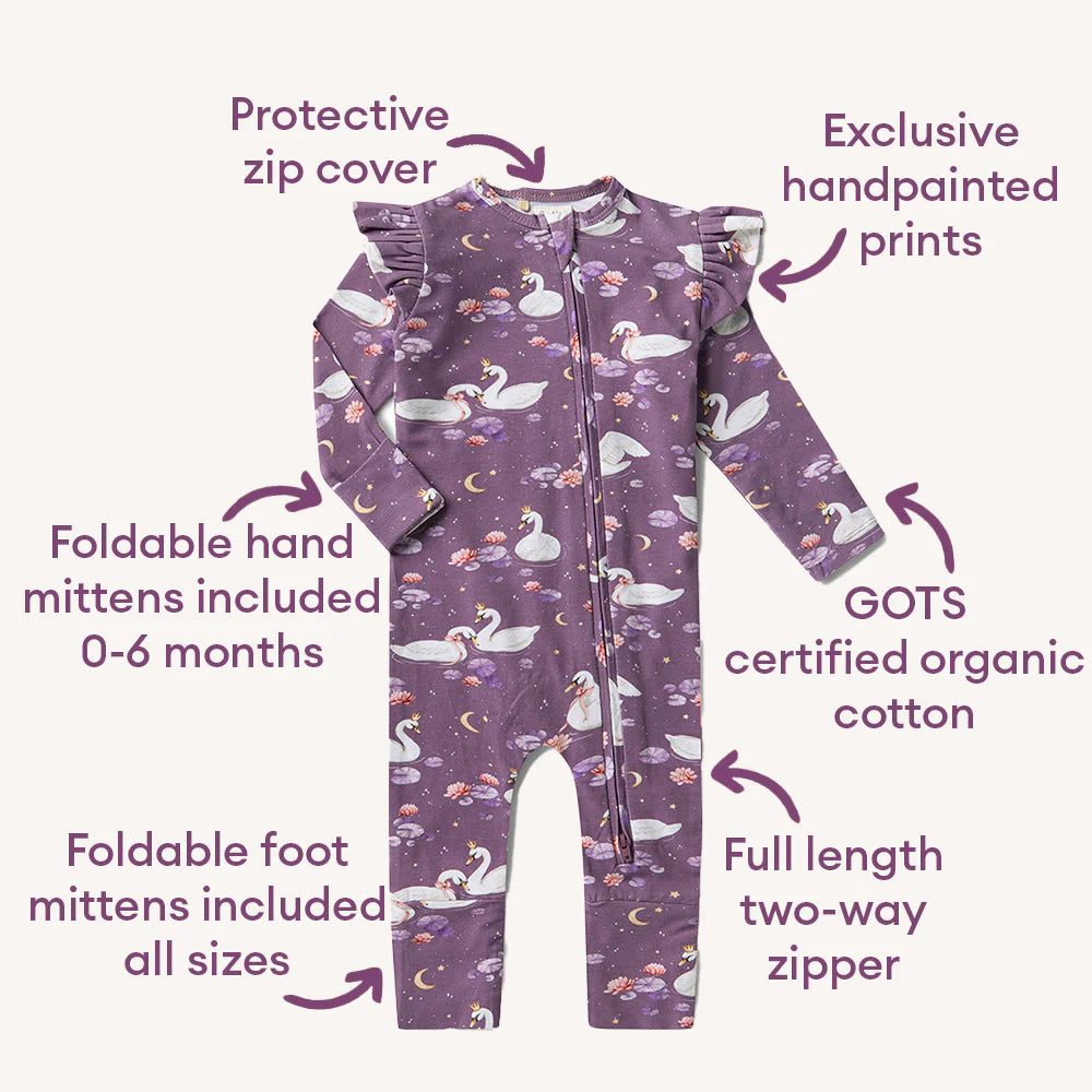 Snuggle Hunny Midnight Swan Organic Snugglesuit Convertible Romper with Frill
