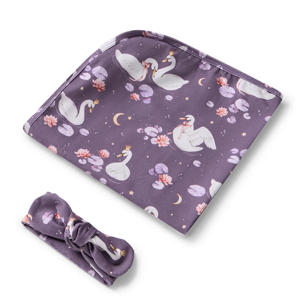 Snuggle Hunny Midnight Swan Organic Jersey Wrap & Topknot Set