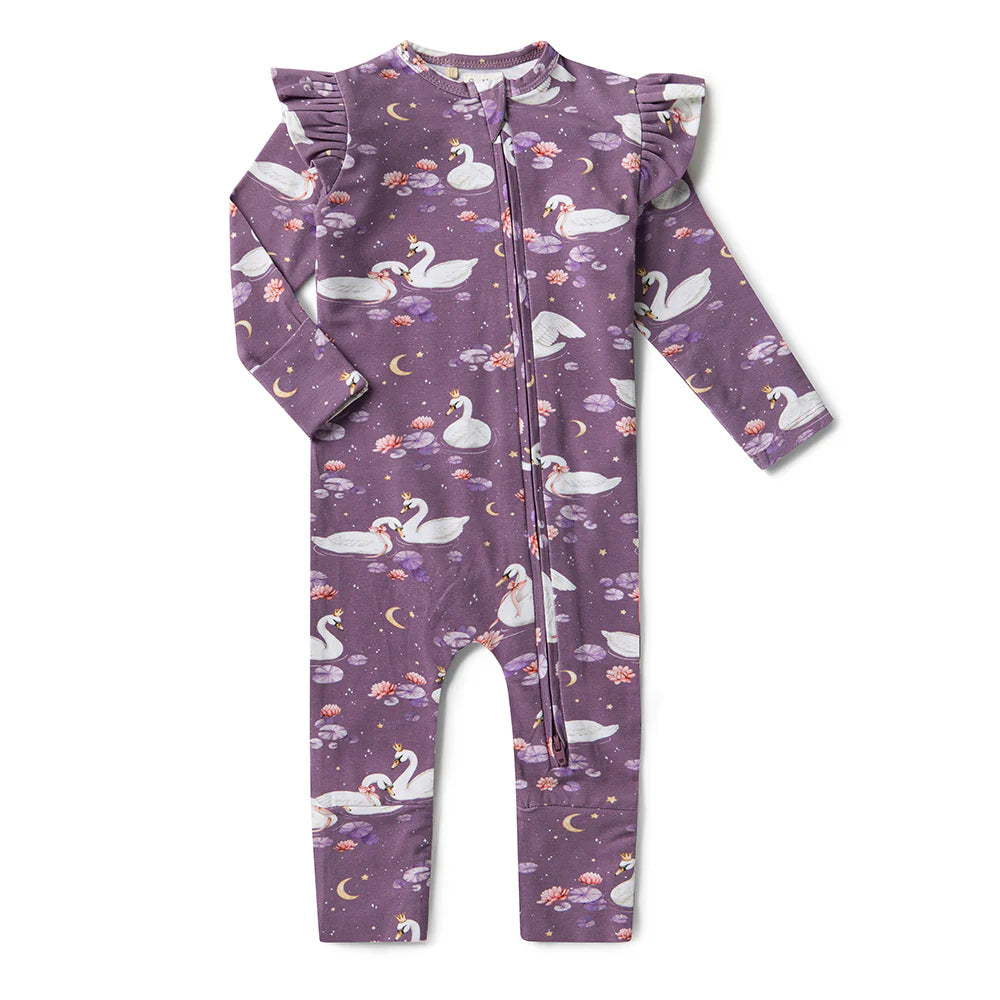 Snuggle Hunny Midnight Swan Organic Snugglesuit Convertible Romper with Frill