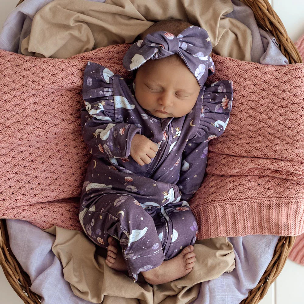 Snuggle Hunny Midnight Swan Organic Snugglesuit Convertible Romper with Frill