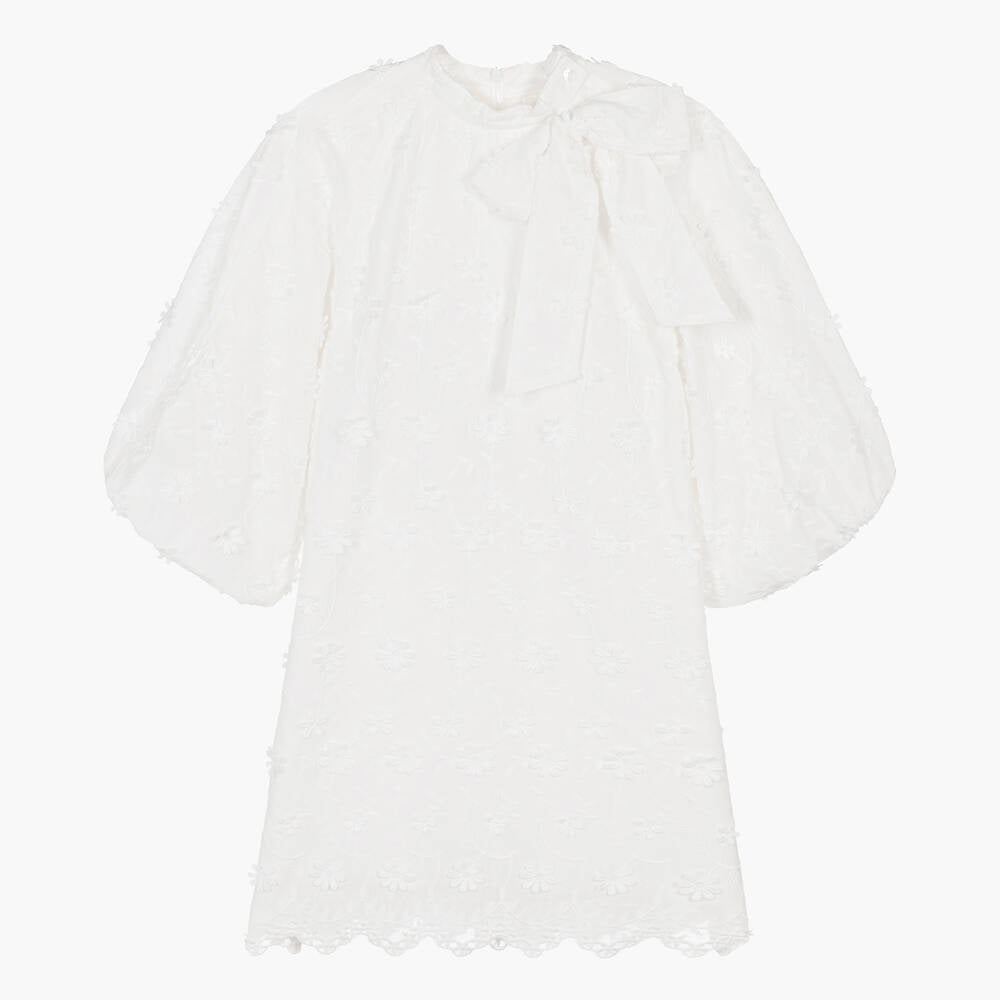 Petite Amalie White Applique Voile Bow Dress