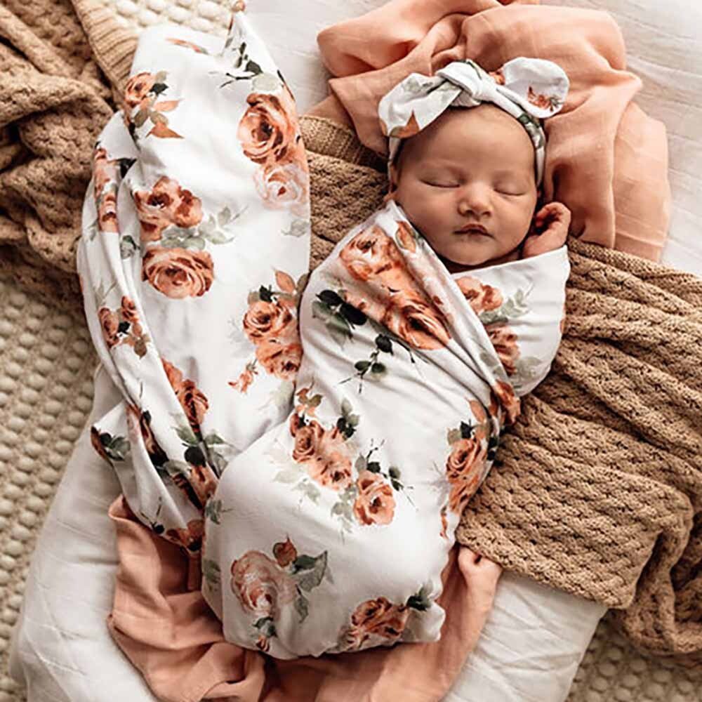 Snuggle Hunny Rosebud Organic Jersey Wrap & Topknot Set