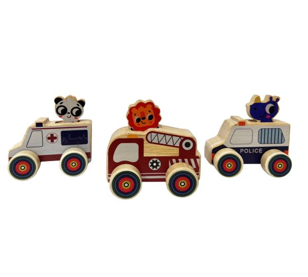 ToysLink - Wooden Mini Wheelie Emergency VehIcles With Animals - Assorted