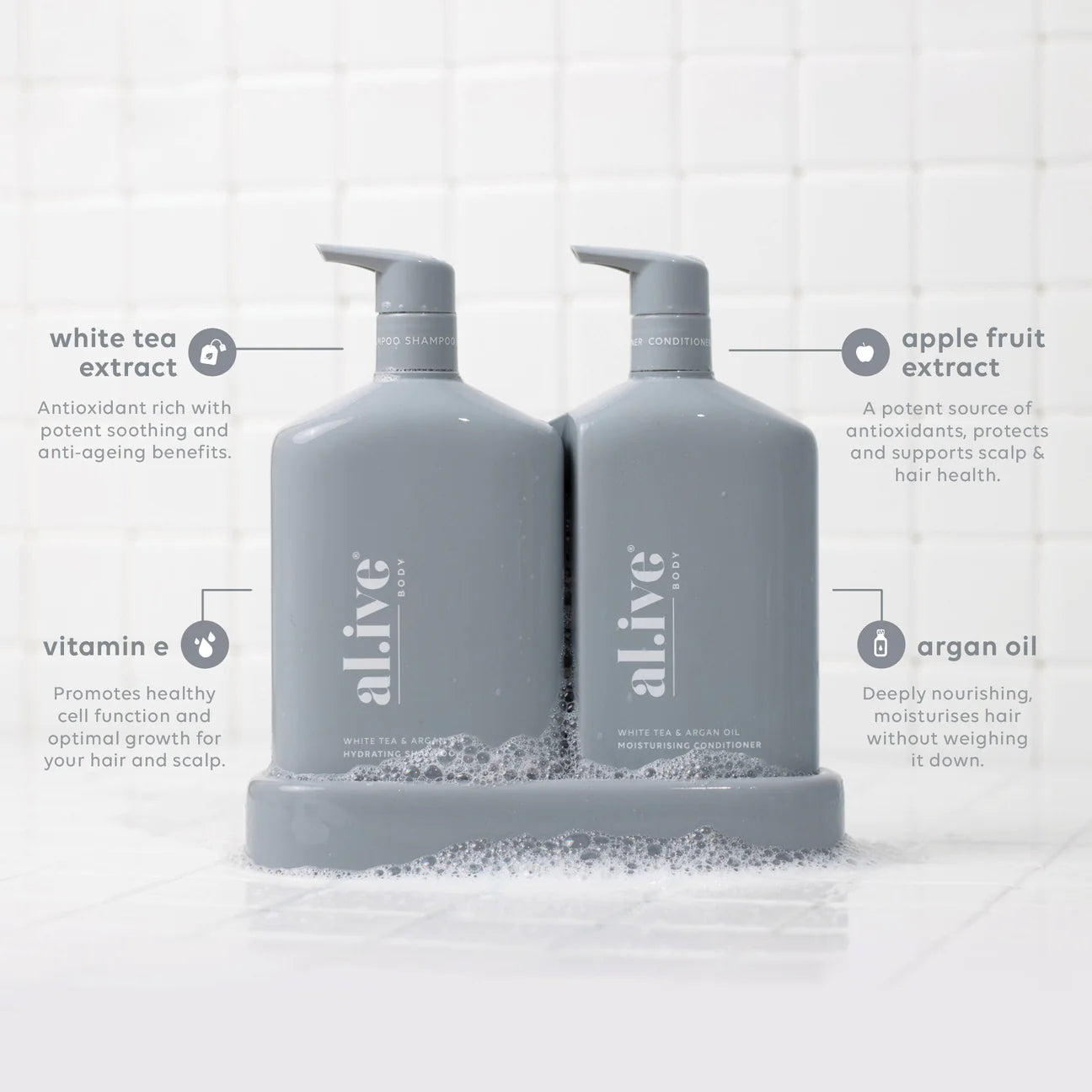 Al.ive Body Shampoo & Conditioner Duo + Tray - White Tea & Argan Oil