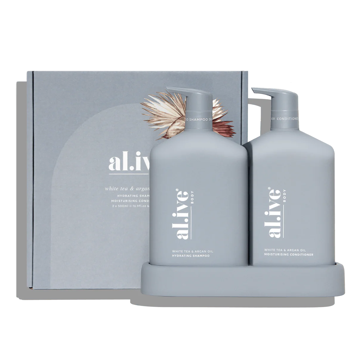 Al.ive Body Shampoo & Conditioner Duo + Tray - White Tea & Argan Oil
