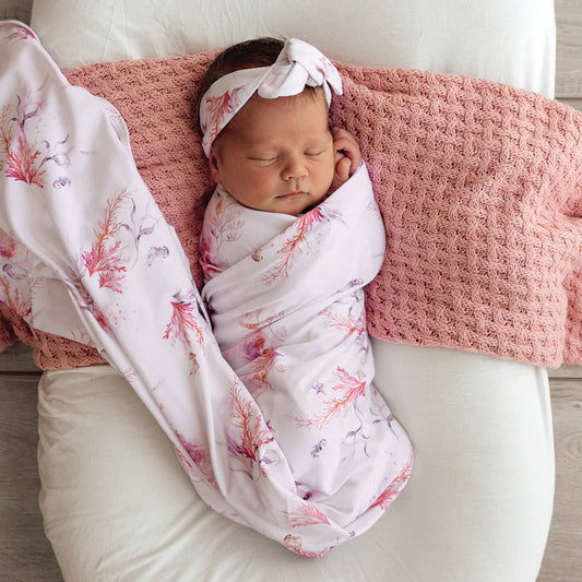 Snuggle Hunny - Coral Organic Jersey Wrap & Topknot Set