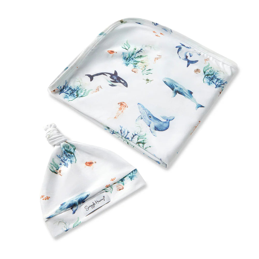 Snuggle Hunny - Ocean Organic Jersey Wrap & Beanie Set