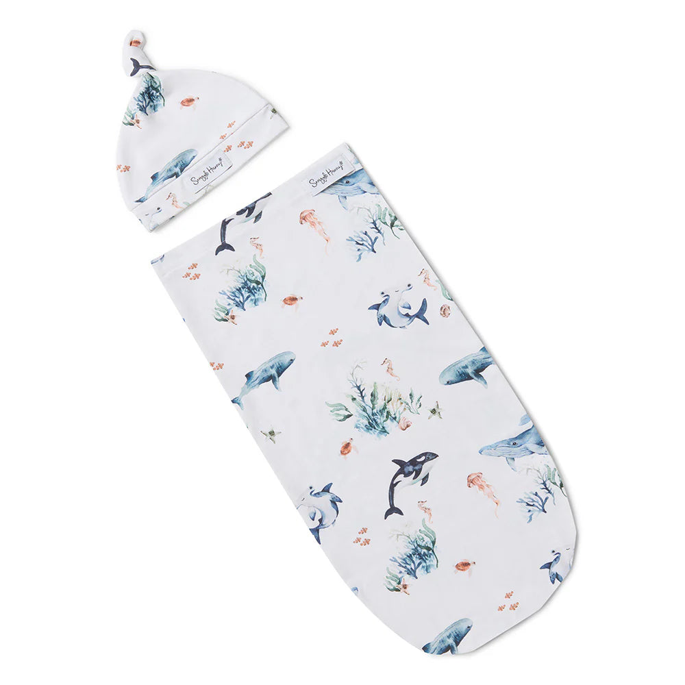 Snuggle Hunny - Ocean Organic Snuggle Swaddle & Beanie Set