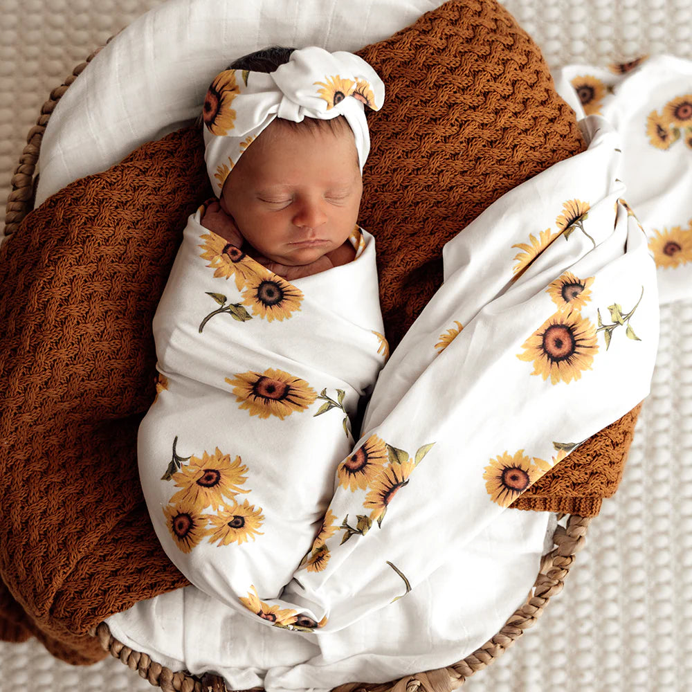 Snuggle Hunny Sunflower Organic Jersey Wrap & Topknot Set