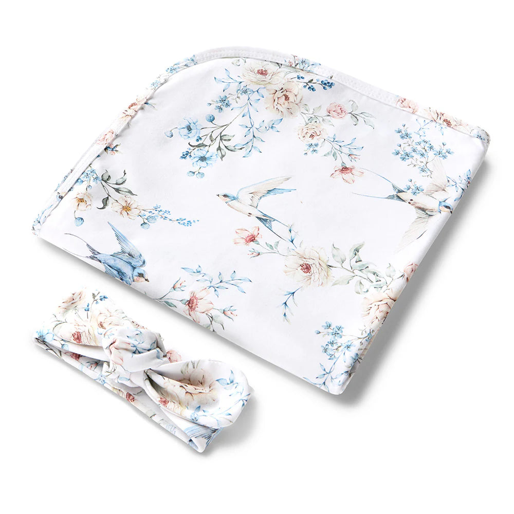 Snuggle Hunny Sweet Swallows Organic Jersey Wrap & Topknot Set