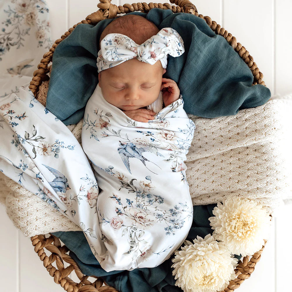 Snuggle Hunny Sweet Swallows Organic Jersey Wrap & Topknot Set