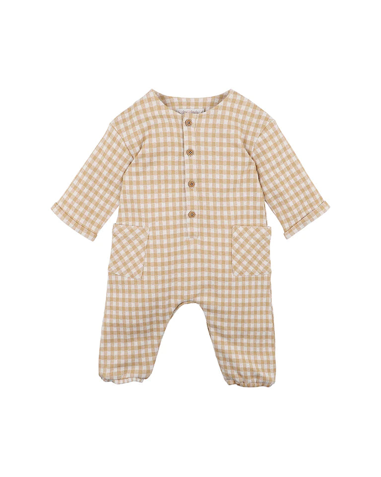 Wheat Gingham LS Romper