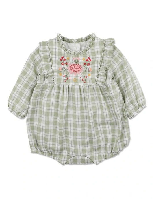 BEBE Faye Embroidered Check Romper in Green