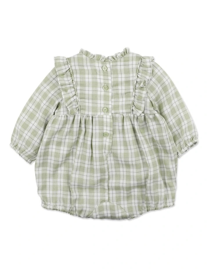 BEBE Faye Embroidered Check Romper in Green
