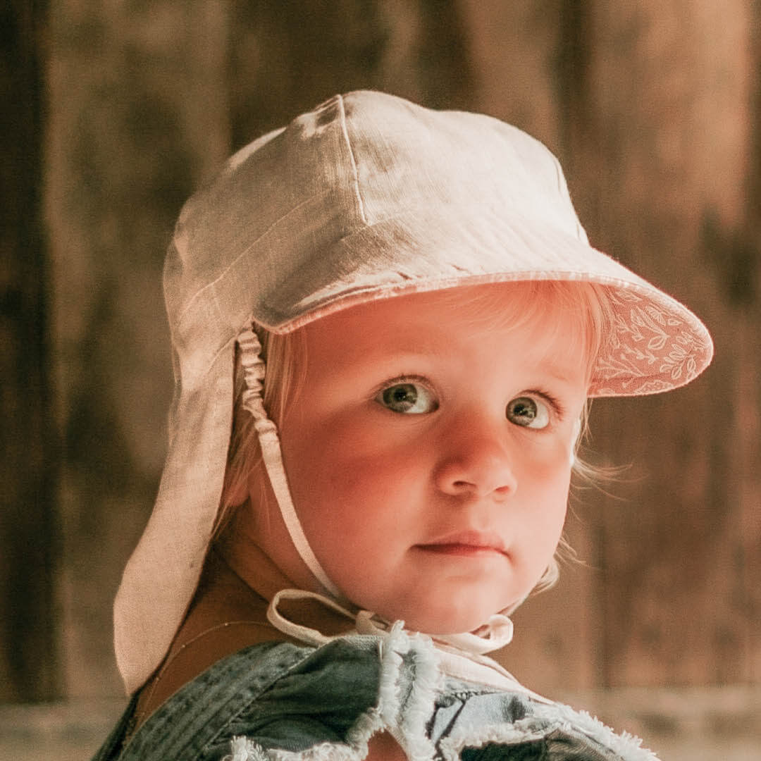 Bedhead Hat - 'Lounger' Baby Reversible Flap Sun Hat - Freya / Flax